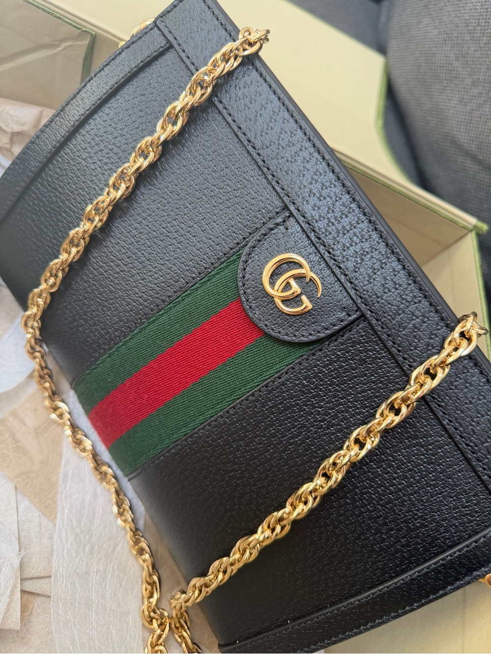 Black Women's Shoulder Bag with Green-Red Web Stripe and Gold Chain